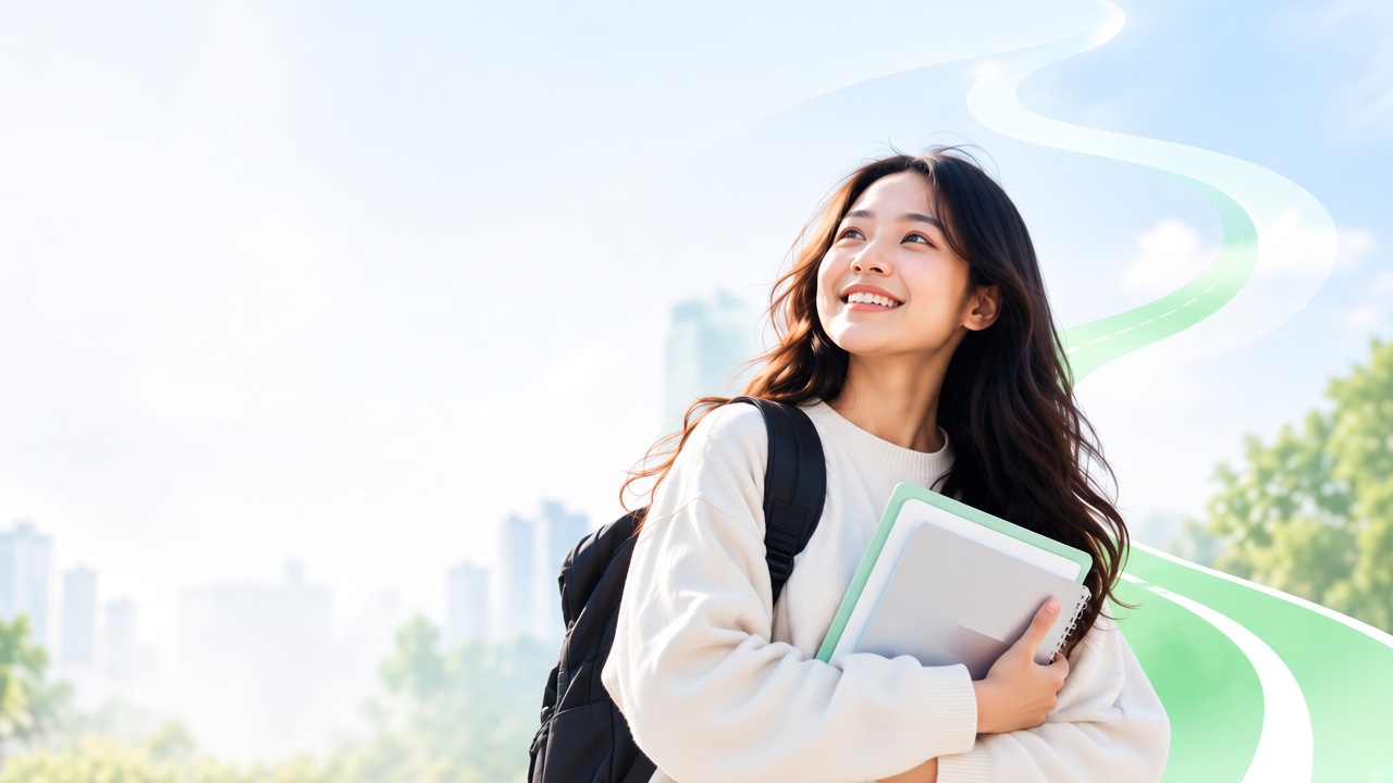 Nữ sinh ôm sổ, mỉm cười nhìn về tương lai
